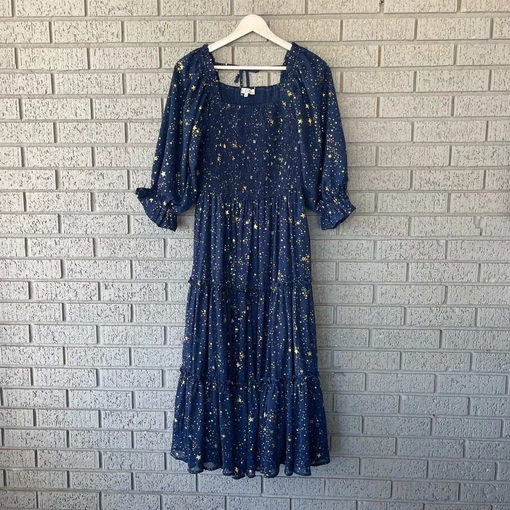 Ivy City Co Starry Nights Dress Navy Blue Gold Stars Size Medium - Picture 4 of 7
